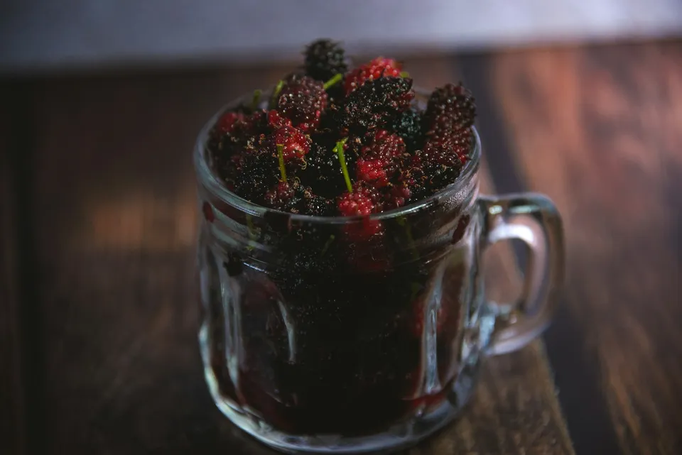 Glass mug full of blackberries